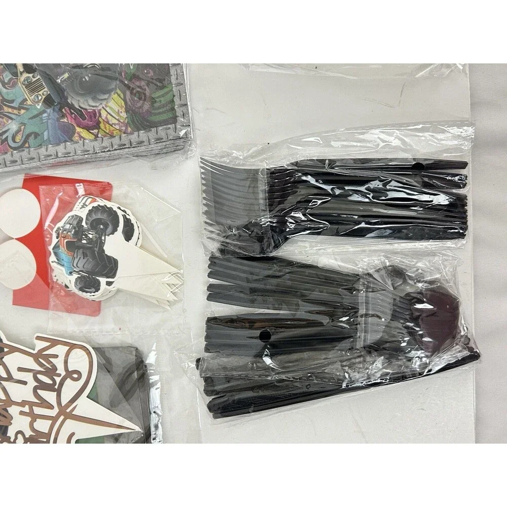 Monster Truck Birthday Party Supplies Lot Plates Napkins Banner Straws Decor
